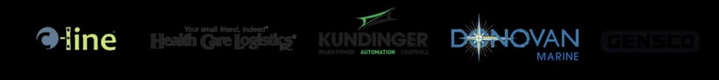 Company logos including Oline, Health Care Logistics, Kundinger, Donovan Marine, and Gensco