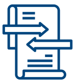 Blue data transfer icon with documents and bidirectional arrows
