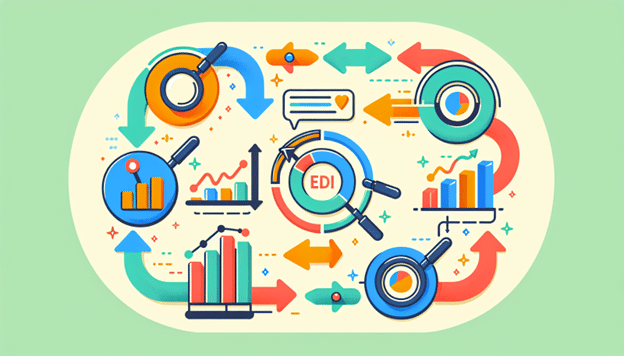 EDI processes with arrows connecting charts and magnifying glasses