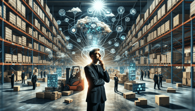 business man looking up with clouds and icons overlayed on a warehouse with shelving and a forklift