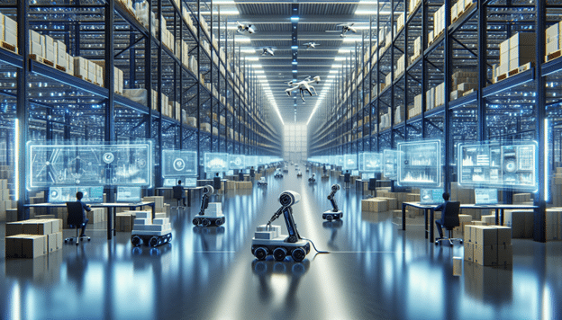 people in a warehouse at desks with futuristic computer screens